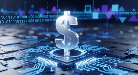Digital dollar sign on circuit board representing financial technology