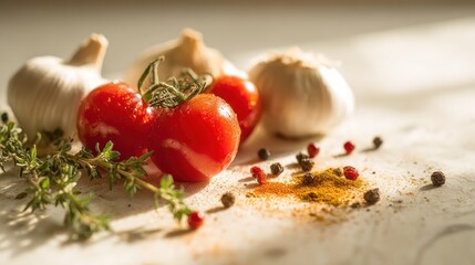 Fresh ingredients on a rustic surface featuring tomatoes and garlic bulbs