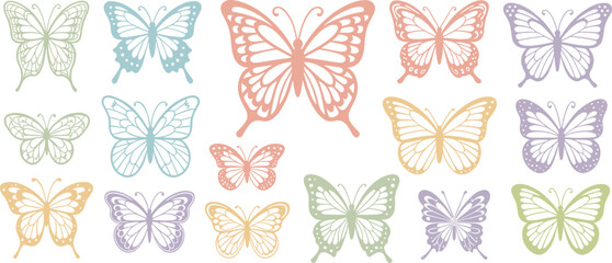 Pastel butterfly collection with ornate filigree wing patterns, decorative summer insect set for nursery wall art, stickers and whimsical design © Ponkaj Creatives