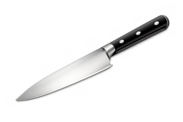 Kitchen chef knife with sharp metal blade and black handle, essential cooking utensil for professional food preparation on transparent background