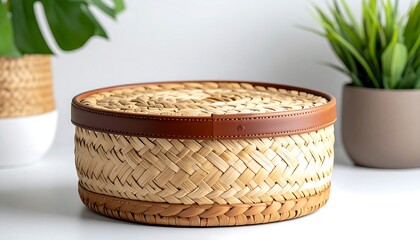 Woven Bamboo Basket with Lid and Leather Accent.