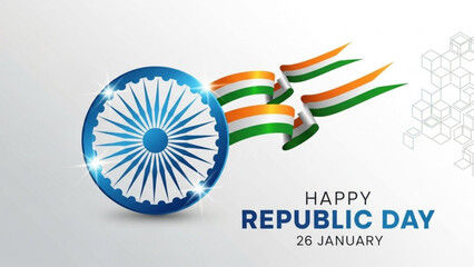 Obraz premium Indian republic day celebration with flag and emblem on white background with text happy republic day 26 january with patriotism and nationalism