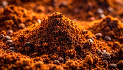 Close up of a pile of vibrant red chili powder with whole peppercorns.