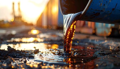 Crude Oil Pouring from Pipe onto Ground with Sunset Reflection.