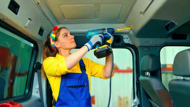 Young female technician skillfully installs hardware overhead inside a van interior using a powerful cordless electric drill and protective gloves.