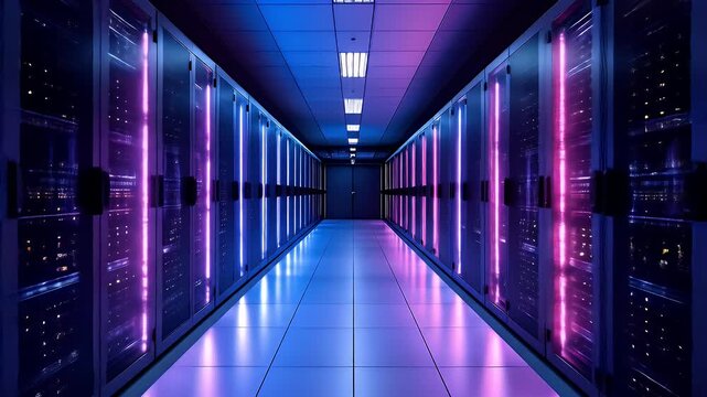 Futuristic Data Center Corridor with Neon Lights and Server Racks.