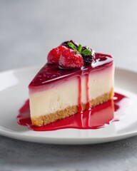 Blueberry cheesecake with fruit glaze on white plate