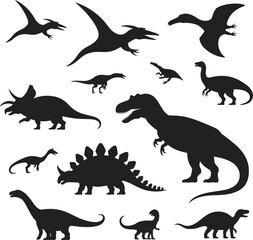 Prehistoric Dinosaur Vector Silhouette Set, Featuring T-Rex, Triceratops, Flying Pterodactyl, and Herbivorous Species for Children's Educational Graphics © Ponkaj Creatives