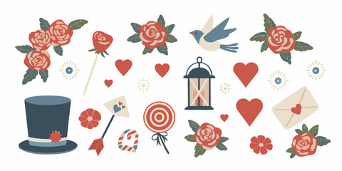 A charming collection of roses hearts a bird and vintage decor elements