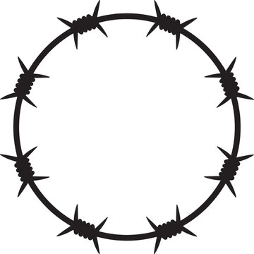 A circle made of black barbed wire on transparent background fence prison jail security danger warning barrier border sharp pointy spiky silhouette icon symbol isolated