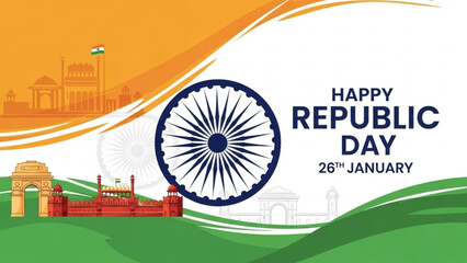 Indian republic day celebration graphic with ashoka chakra and monuments with national holiday and patriotic and festival and symbol and flag