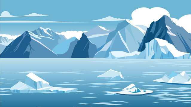 Vector illustration of a cartoon Arctic landscape featuring icy seas and towering icebergs.