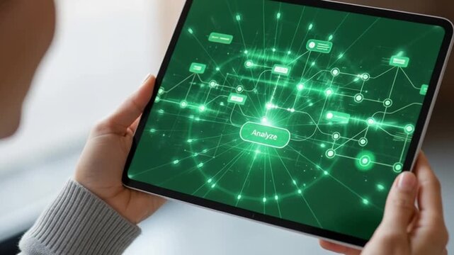 Woman Interacting with Futuristic Digital Interface on Tablet Screen