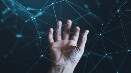 A hand reaching out to connect with a digital network of glowing blue lines and nodes
