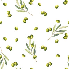 Seamless pattern Illustration with hand-drawn green olives and small olive sprigs scattered on a white background.