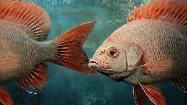 Two light orange scaled fish against a textured green backdrop