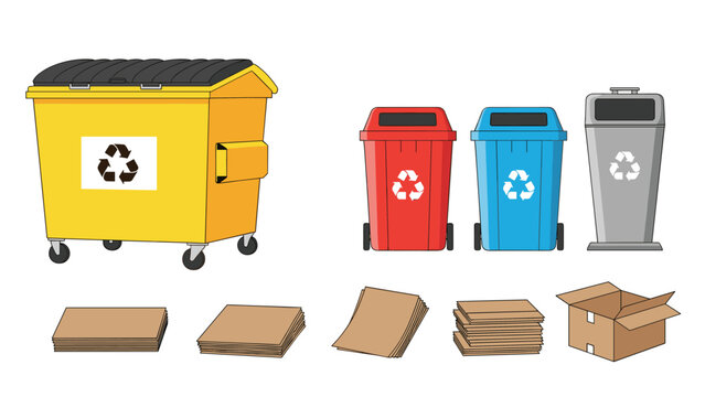 Waste management equipment featuring a large yellow dumpster, colorful recycling bins, and stacks of cardboard boxes.