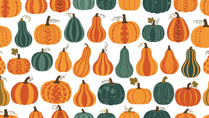 Vibrant seamless pattern background featuring an assortment of colorful pumpkins and decorative gourds in autumn hues.
