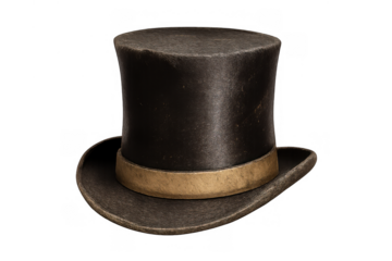 Black antique top hat with a golden band showcasing vintage fashion and historical elegance on transparent background