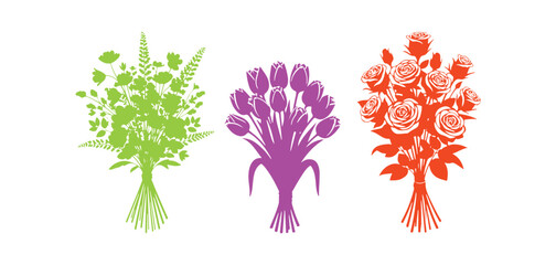 Flower arrangements. An arrangement of garden flowers, an arrangement of tulips, an arrangement of roses. Vector assortment of floral designs. Great for March 8, Mother's Day, invitations, greeting ca