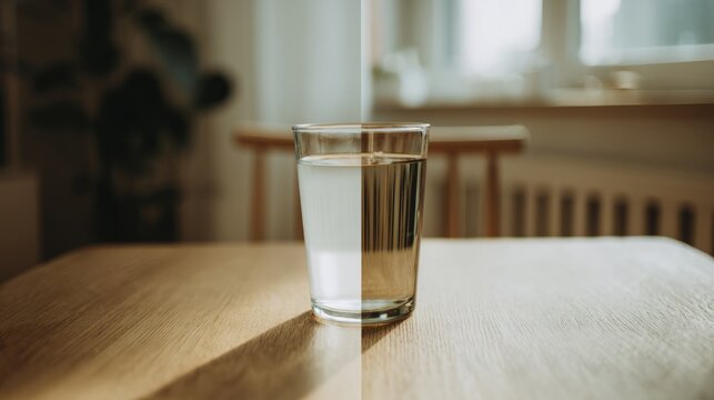 opacity. Split-frame composition of a clear glass of water next to a murky glass. bar promotions, beverage menus, designed for product packaging and bar promotions, used by ux designers.
