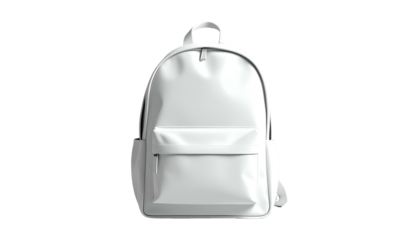 Rendered white backpack with shoulder straps, a front pocket, and a top handle, isolated on a black background, minimalist design
