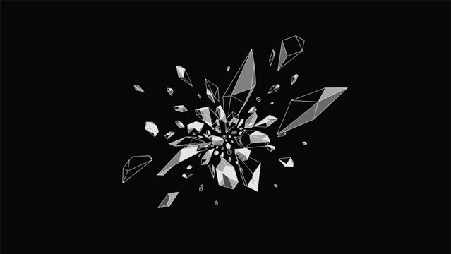 Dynamic illustration of grey crystal shards and geometric fragments exploding outward from a central point on black.
