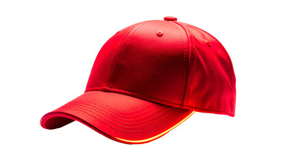 A vibrant, red baseball cap against a stark black background, illuminated with a subtle neon glow around its edges