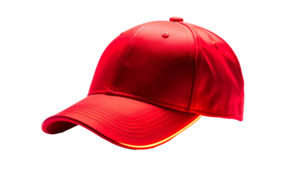 A vibrant, red baseball cap against a stark black background, illuminated with a subtle neon glow around its edges