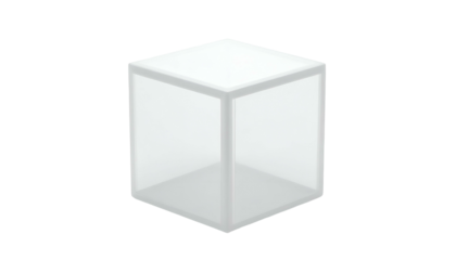 A translucent, transparent three-dimensional geometric shape, resembling an open cube, floating on a black background
