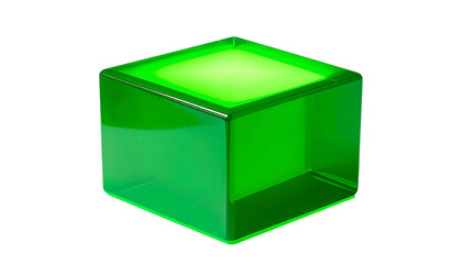 A translucent, vibrant green cube with rounded edges against a black background. The top surface glows brighter, hinting at an internal light source