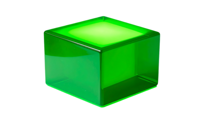 A translucent, vibrant green cube with rounded edges against a black background. The top surface glows brighter, hinting at an internal light source