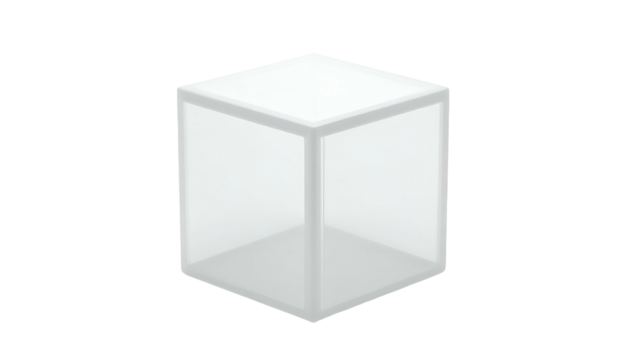 A translucent, transparent three-dimensional geometric shape, resembling an open cube, floating on a black background - Powered by Adobe
