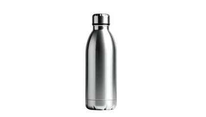 A stainless steel, cylindrical water bottle with a screw-on cap, isolated against a solid black background. The smooth surface reflects light