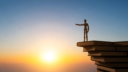 初日の出を指差すデッサン人形