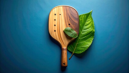 Minimalist Wooden Paddle with Green Leaves on Blue Background.
