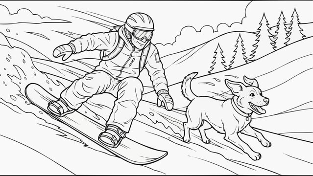 Coloring book for kids - Snowboarder riding on slope with dog running alongside in winter  
