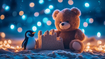 Teddy bear building a sandcastle with a plush penguin on blue lights background