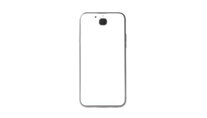 A frontal rendering of a modern mobile device, featuring a clean, white screen and a centered camera cutout at the top