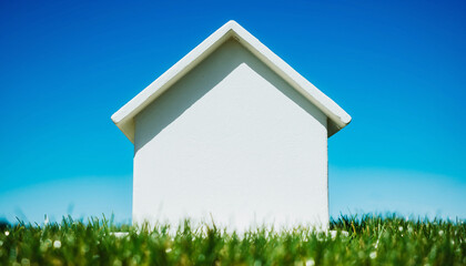 White House Model on Green Grass and Blue Sky Background　青空と芝生の白い家　シンプル　コピースペース
