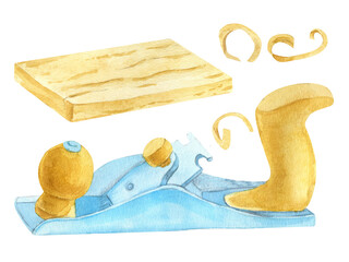 Watercolor hand plane tool illustration with wooden shaving curls and board. Hand painted woodworking equipment isolated on white, suitable for carpentry, DIY, workshop and craft design.