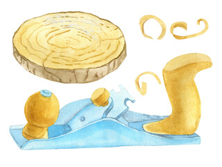 Watercolor hand plane tool illustration with wooden shaving curls and board. Hand painted woodworking equipment isolated on white, suitable for carpentry, DIY, workshop and craft design.