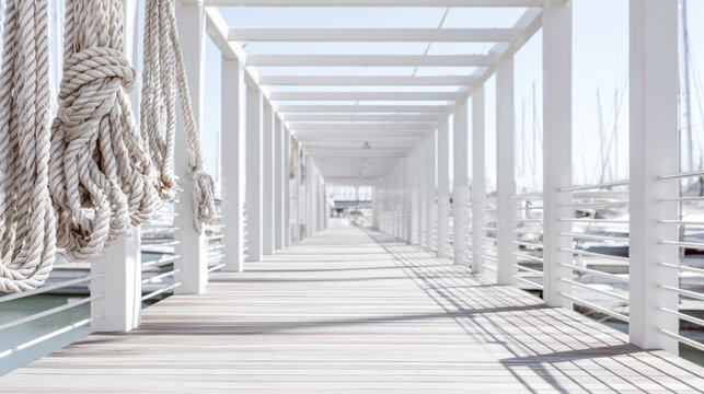 Wooden walkway by the marina with ropes on the side and boats in the background during the daytime - Powered by Adobe