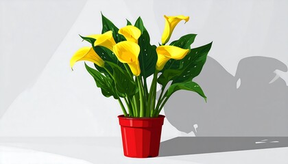 Vibrant Yellow Calla Lilies in a Red Pot with Shadow.