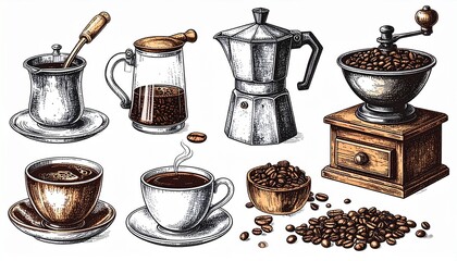Hand drawn coffee elements set with moka pot grinder beans and cups