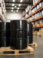 Black metal barrels stacked on pallets in warehouse storage