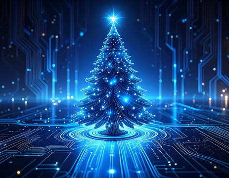 Glowing digital Christmas tree with star, circuit board background - Powered by Adobe