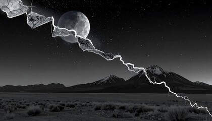 Dramatic Lightning Strike Over Mountain Landscape Under Full Moon.