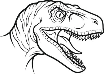 Naklejka premium Fierce raptor dinosaur head illustrated in bold black and white line art style suitable for logos or coloring activities