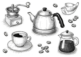 Detailed crosshatch sketch of coffee brewing equipment and espresso cup
